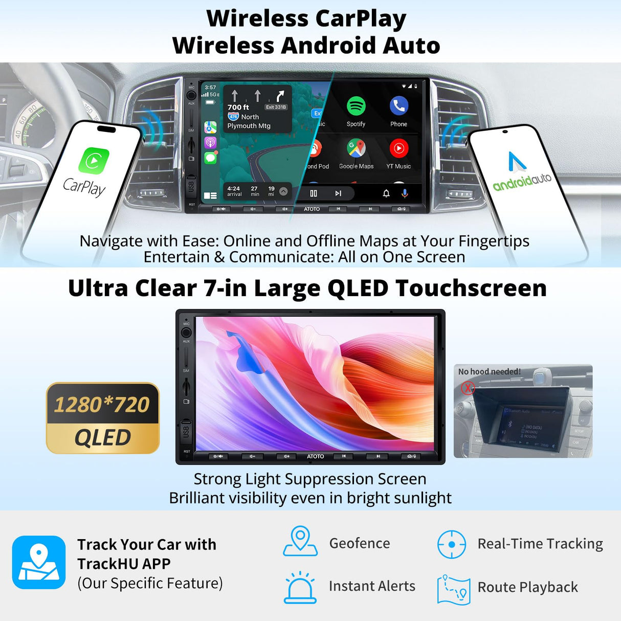 ATOTOZONE 7inch AI Android in-Dash Navigation, 8G+128G Audio Double Din Car Stereo, 4G LTE, Wireless Carplay & Android Auto, Dual Phone Connection&BT, 36B-EQ, HDMI Input, with Backup Cam, X10G2A7E-R2