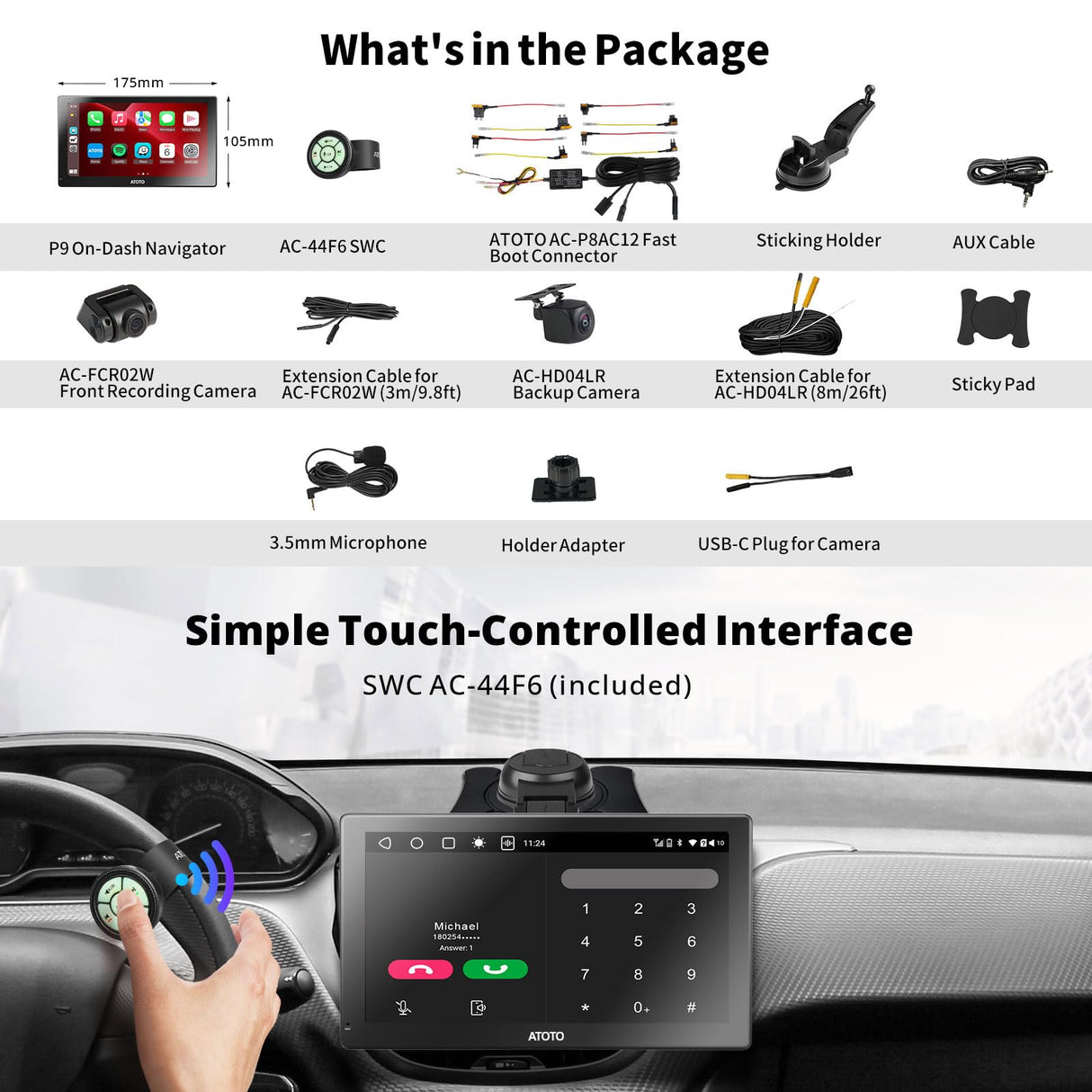 ATOTO P907PR-S3 7inch QLED Android Digital Media Receivers, 4G+32G Portable Car Stereo, Wireless CarPlay & Android Auto, 4G LTE, Dual BT, GPS Tracking, HDMI Input, with 1080P Dash & Rear Cam