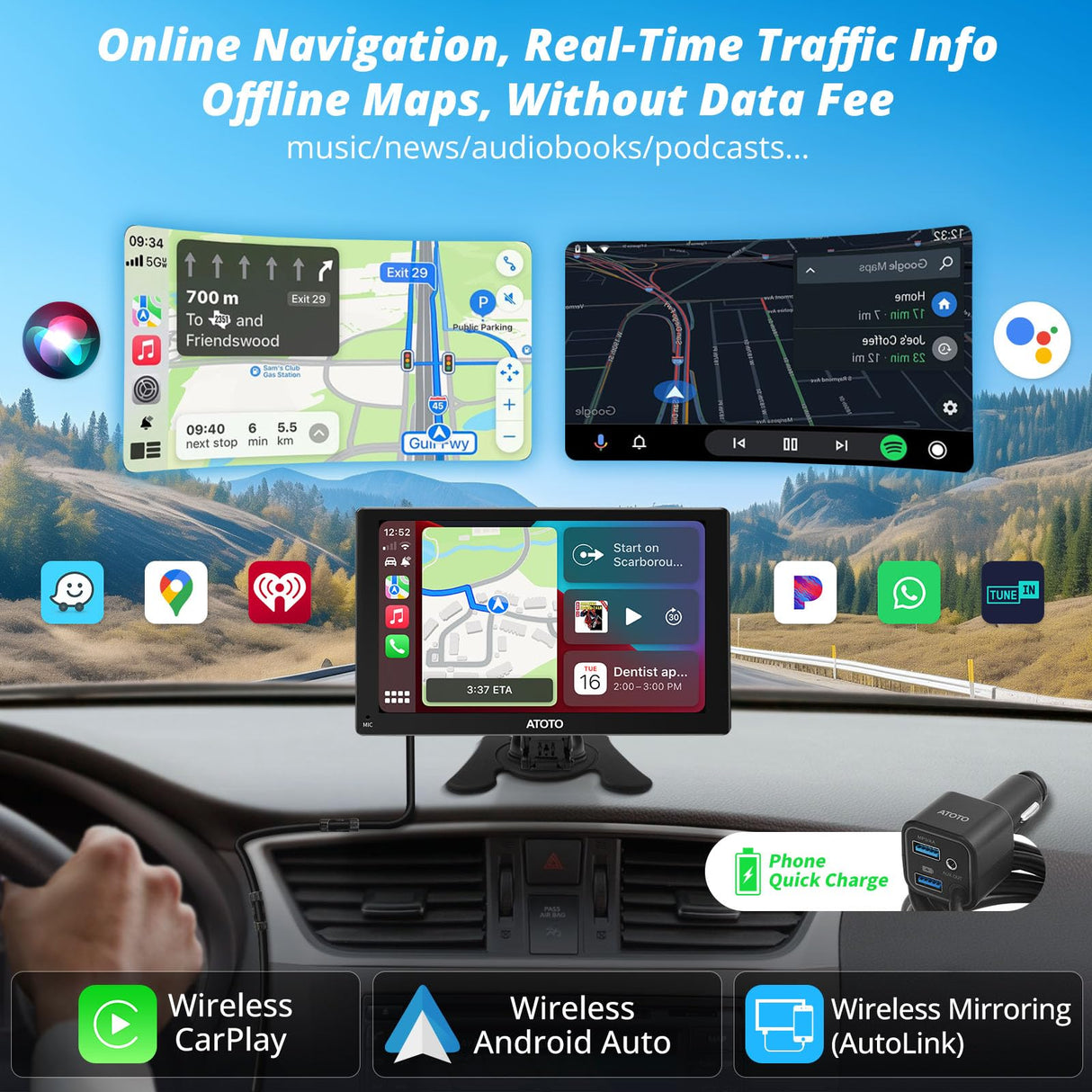 ATOTO P5 GPS Tracking Draagbare Autoradio, draadloze Carplay, draadloze Android Auto, autogps, AUX/FM-uitgang, Bluetooth, automatische dimmer,P507SDS31-1EU