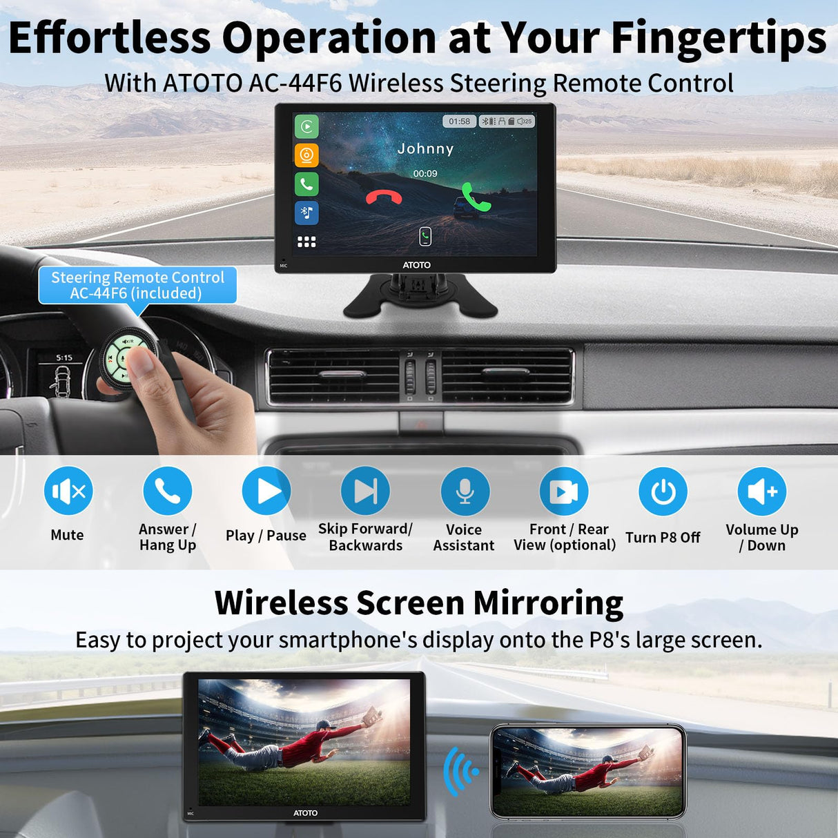 ATOTO P807SD-RM PortatileAutoradio, CarPlay wireless e Android Auto Wireless, Touchscreen QLED da 7 pollici, WDR e dimmer automatico, telecomando, Bluetooth, uscita AUX/FM, Navigazione GPS