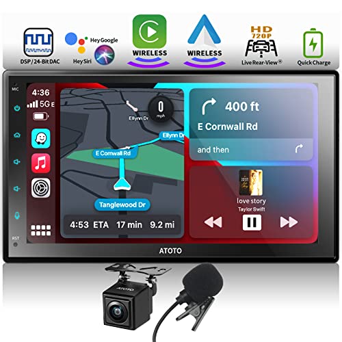 ATOTO F7 WE 7 Pouces Écran Tactile Complet de Autoradio 2 DIN, CarPlay sans Fil et Android Auto sans Fil, Lien Miroir, Bluetooth, Rétroviseur HD en Direct, FM/AM/RDS, Contrôle Vocal, F7G2B7WE