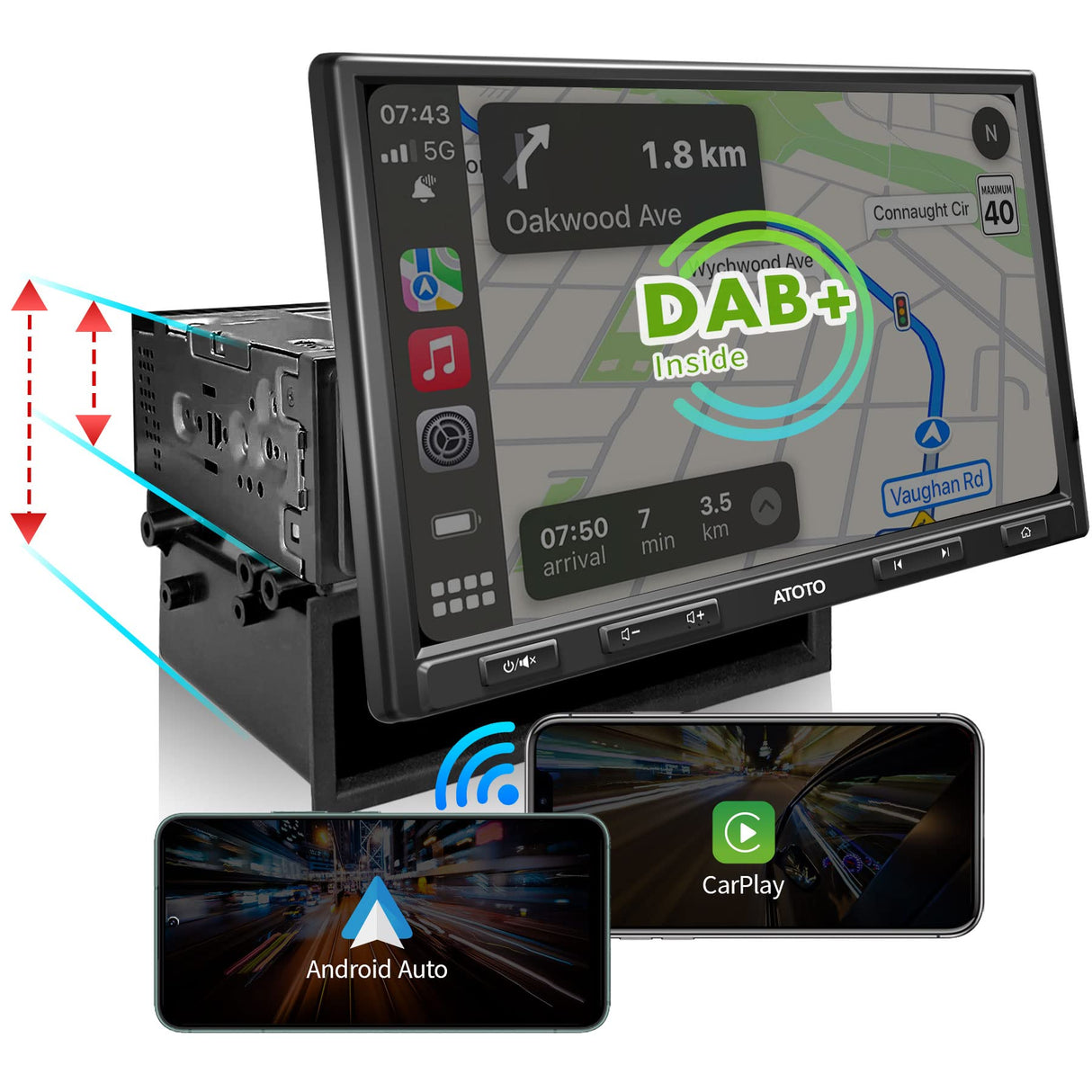 ATOTO F7XE 10 Zoll Eingebautes DAB+ Doppel-DIN &amp; Single-DIN Adaptive Autoradio Bluetooth, Wireless CarPlay &amp; Kabelloses Android Auto, DAB Radio, MirrorLink, HD-LRV, Schnellladen, F7G110XED