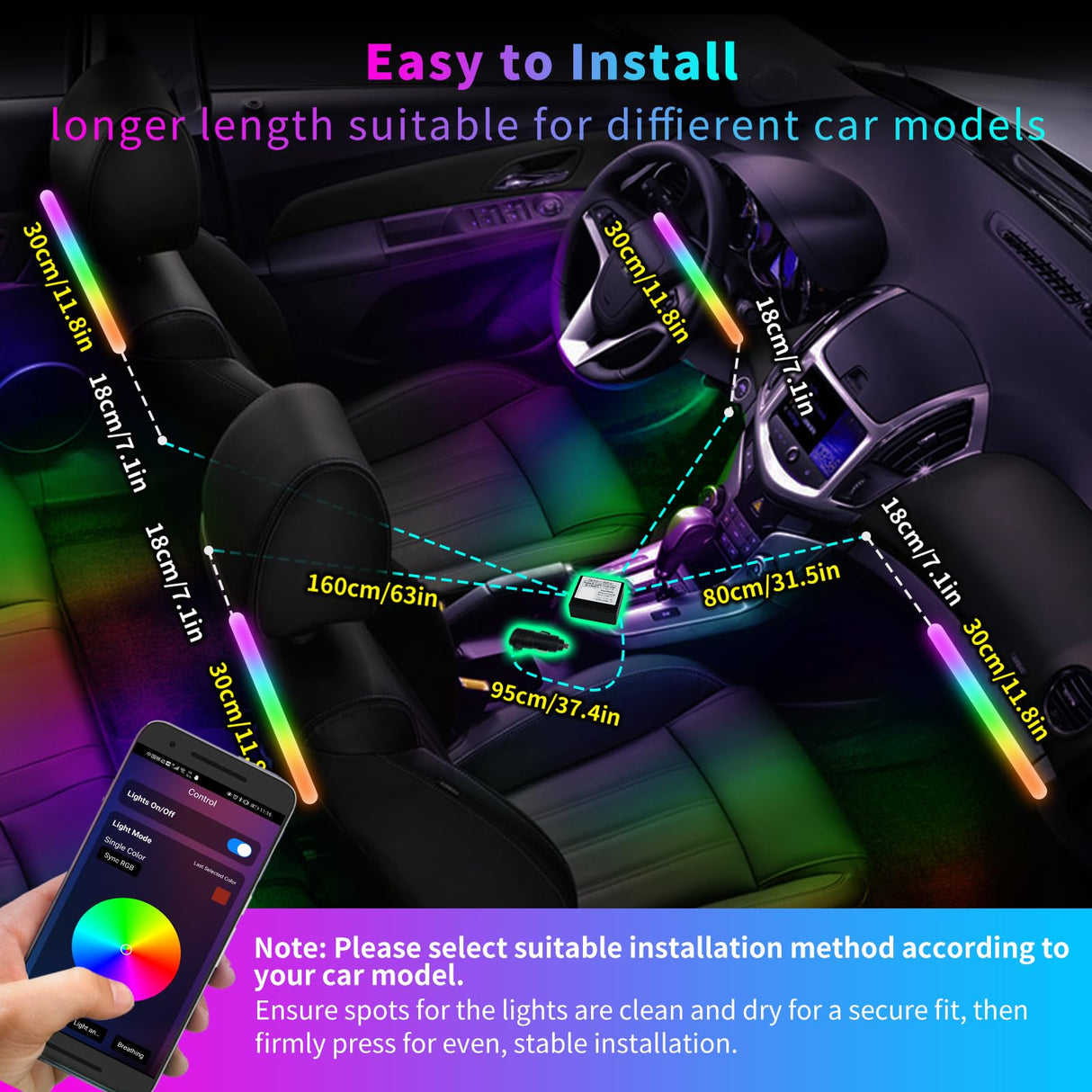 ATOTOLIFE Car LED Footwell Lights, Interior Neon Lights with Wireless APP, 160 LEDs RGB with DIY 21 Color Modes, 6 Music modes, 16M+ Switching-Front and Rear Independent Adjustment