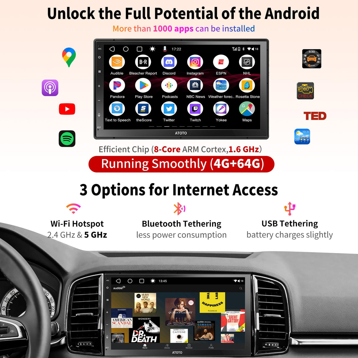 ATOTO A6 4G+64G 7" Android Autoradio 2 DIN, Écrans de Tableau de Bord intégrés, Écran Tactile QLED 1280 * 720 Radio Dab+, CarPlay sans Fil et Android Auto sans Fil, MirrorLink, 2 Bluetooth, A6G2C7PP