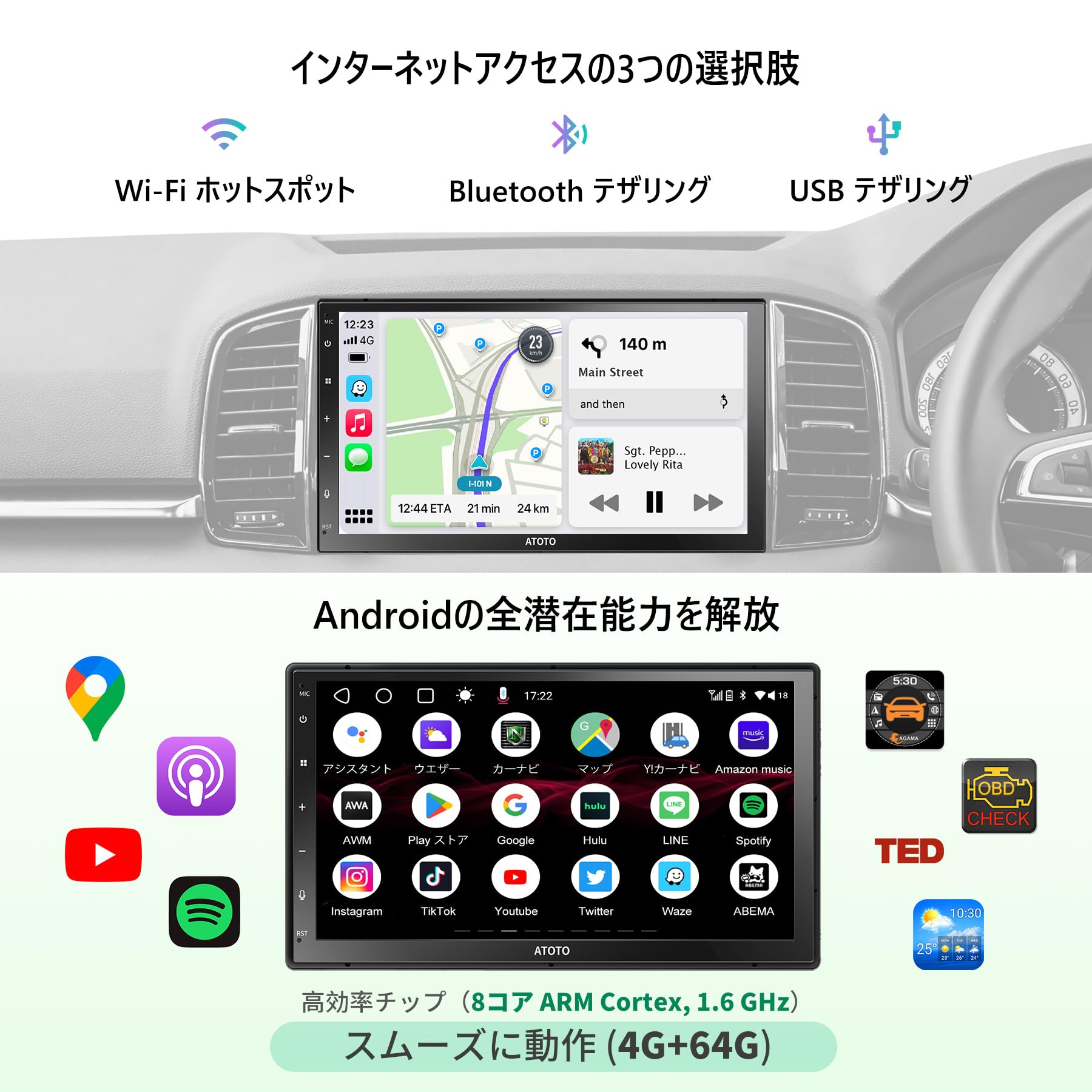 7インチ 2DIN ディスプレイオーディオ Android カーナビ ATOTO A6