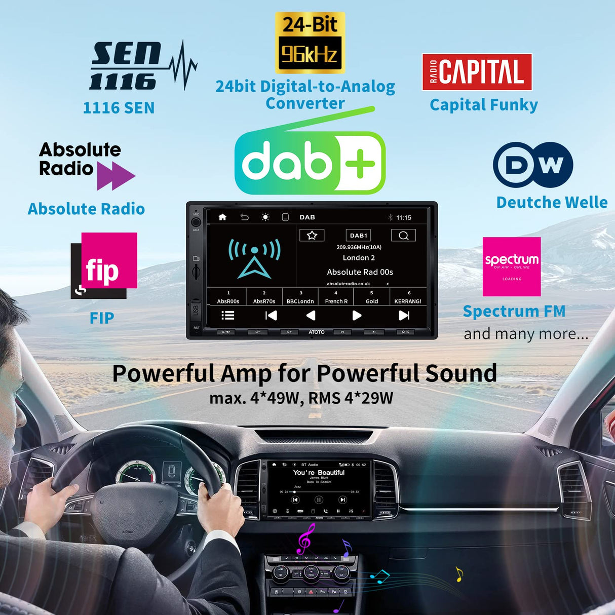 ATOTOEXCEL Radio Coche 2 DIN, 7 Pulgadas Dab+ Autoradio, CarPlay inalámbrico, Android Auto inalámbrico, Radio Bluetooth Coche con QLED Pantalla táctil, Carga Rápida, RDS/FM/Am, MirrorLink, F7G2A7-XED