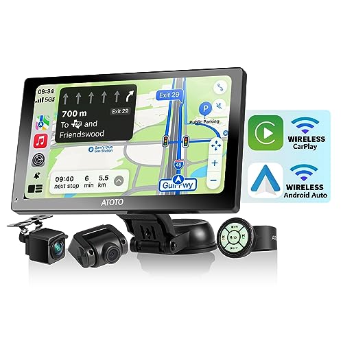 ATOTO P807PR Estéreo de Coche Portátil, Radio QLED de 7 Pulgadas, Carplay Inalámbrico y Android Auto Inalámbrico, WDR y Auto-Atenuación, Carga Rápida,Cámaras de Grabación Dual en 1080P