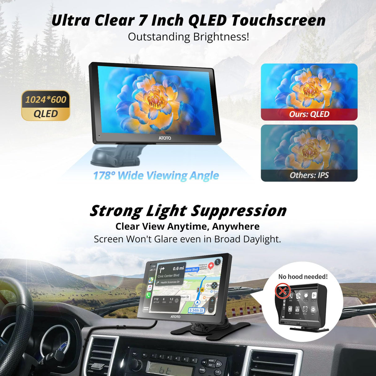 ATOTO P5 Portable Wireless CarPlay Android Auto, 7inch Car Stereo Receivers QLED Touch Screen Glare-Suppressing, Bluetooth, AUX/FM Output, MirrorLink, GPS Navi, Steering Wheel Control, P507SD-S01