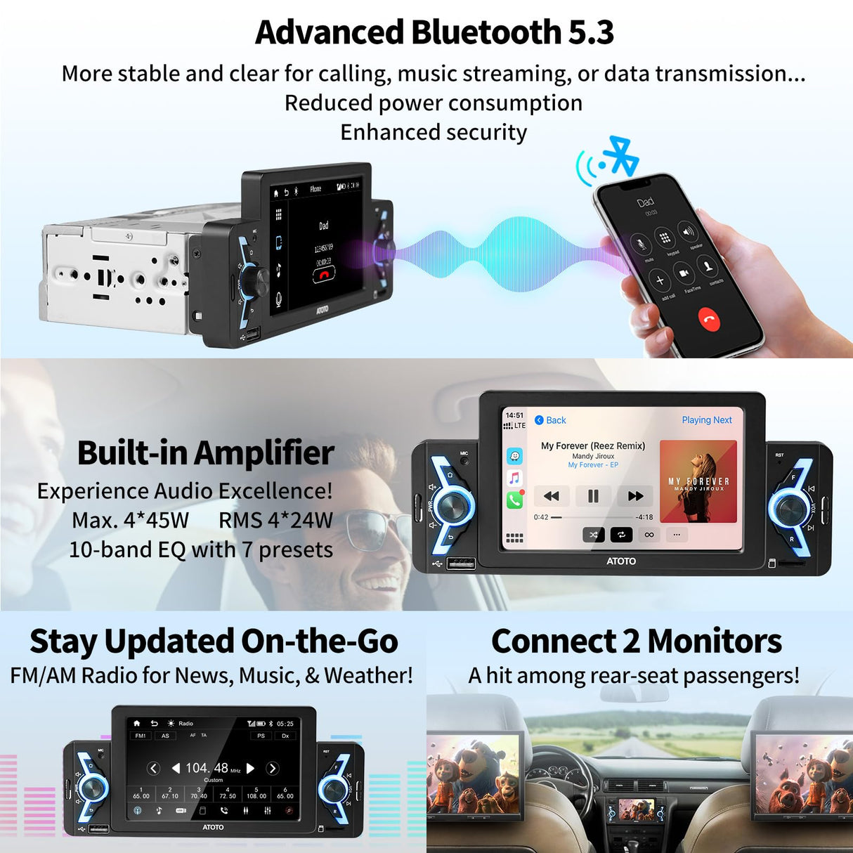 ATOTO F7WE Autoradio 1 Din 5 Pouces, CarPlay sans Fil et Android Auto sans Fil, Écran Tactile Autoradio Bluetooth 5.3, MirrorLink, FM/AM/RDS, Contrôle Vocal, Rétroviseur HD en Direct, F7G1A5WE