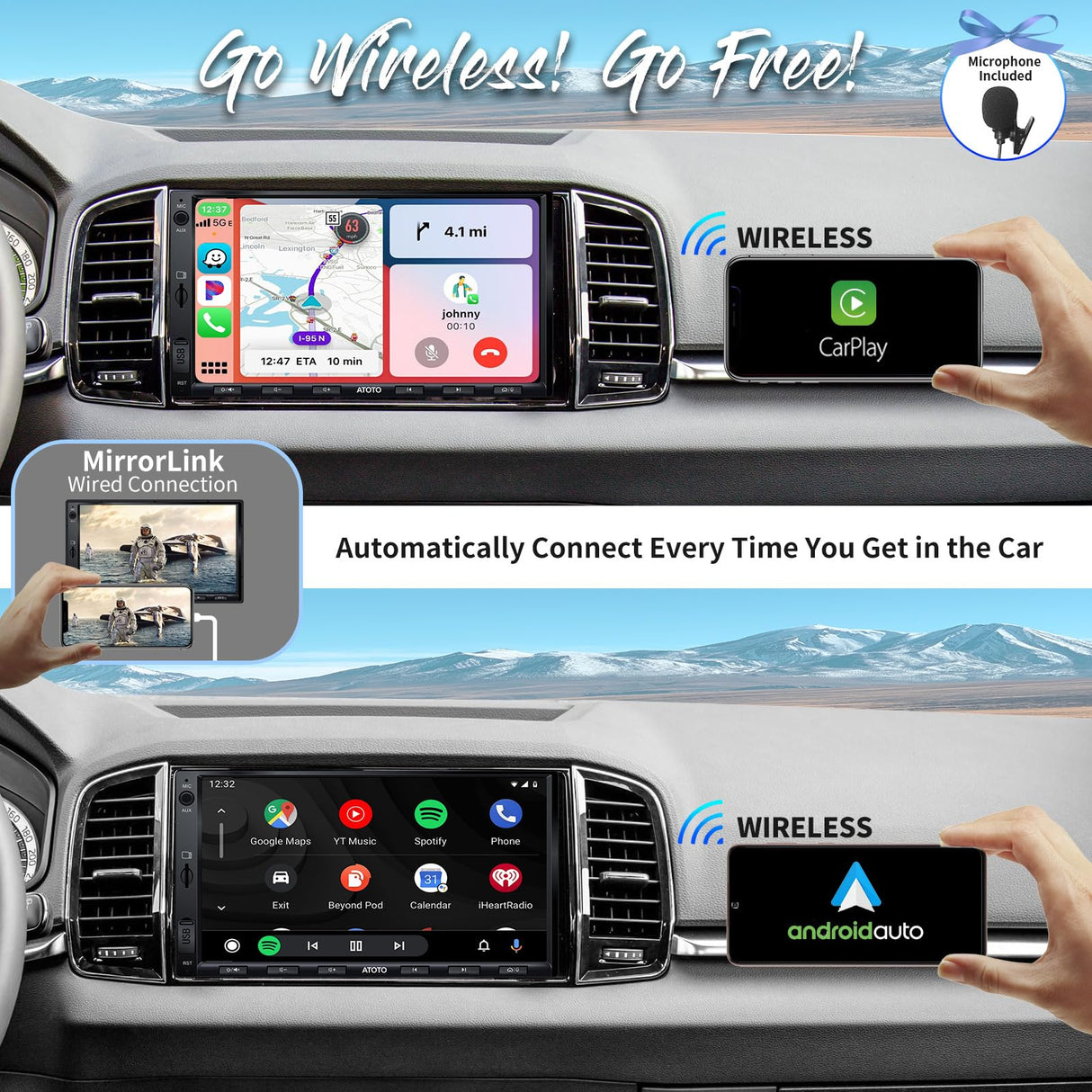 ATOTOEXCEL Radio Coche 2 DIN, 7 Pulgadas Dab+ Autoradio, CarPlay inalámbrico, Android Auto inalámbrico, Radio Bluetooth Coche con QLED Pantalla táctil, Carga Rápida, RDS/FM/Am, MirrorLink, F7G2A7-XED