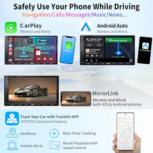 ATOTO A6 PF 7 Pouces Android Autoradio 2 DIN, sans Fil CarPlay et Auto, Lien Miroir, Double Bluetooth, Partage de Connexion Internet WiFi/BT/USB, LRV HD, 2G+32G, A6G2A7PF