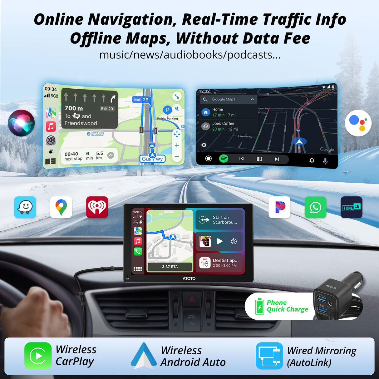 ATOTO P5 7inch Wireless CarPlay Android Auto Screen, Portable Car Stereo with 1080P Backup Camera, Dash GPS Navi, QLED Glare-Suppressing Touchscreen, Bluetooth, MirrorLink, Remote Control, P507SD-S21