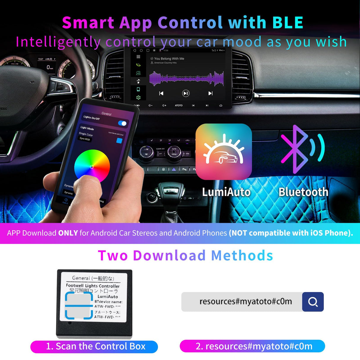 ATOTOLIFE Car LED Footwell Lights, Interior Neon Lights with Wireless APP, 160 LEDs RGB with DIY 21 Color Modes, 6 Music modes, 16M+ Switching-Front and Rear Independent Adjustment