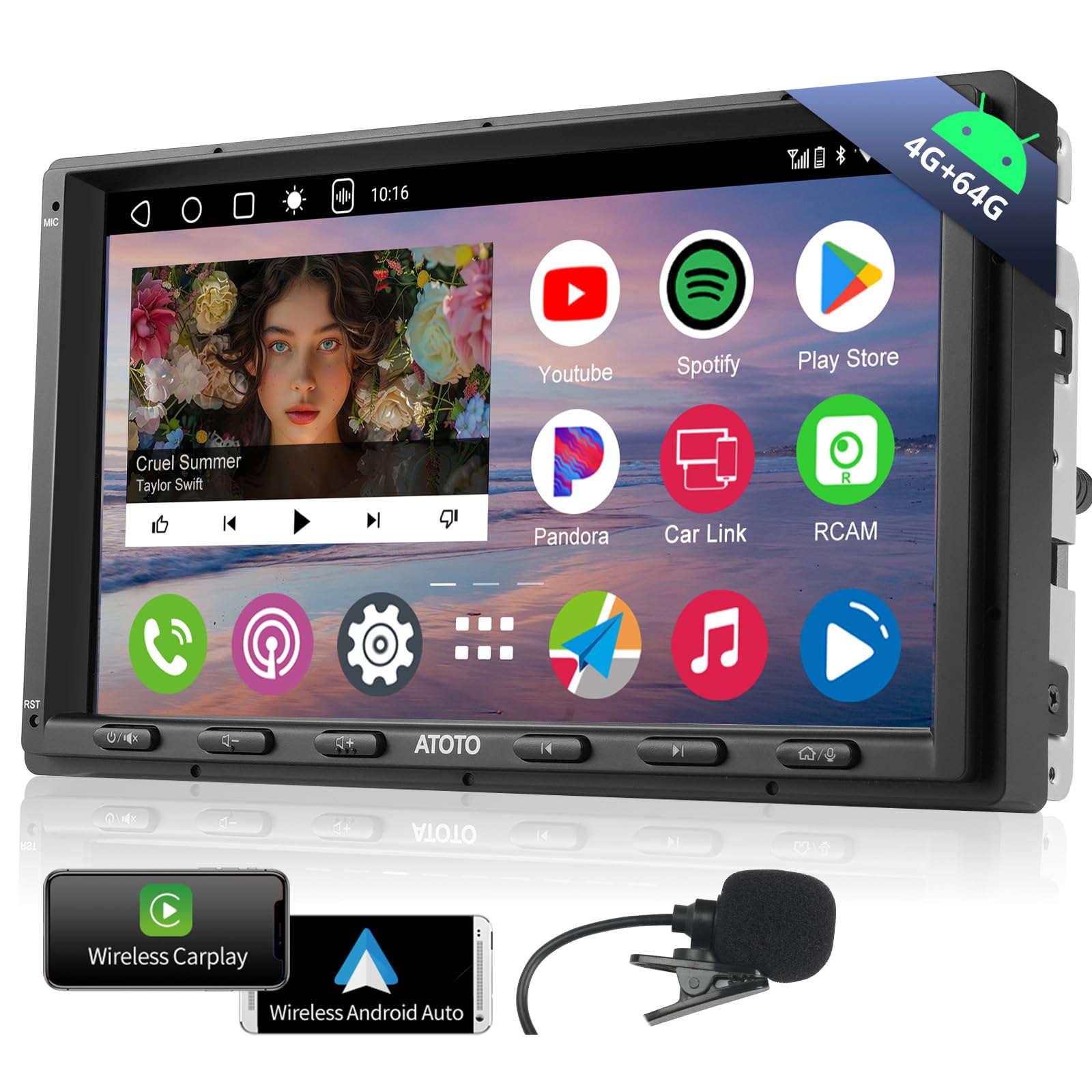 android カーナビ 7インチ、カーオーディオ 2din、ダブルディンカーステレオ Carplay/Android Auto  ワイヤレス、ワイヤレスcarplay4G SIMカード挿入に対応 チHDタッチスクリーン Bluetooth/マイクロフォン、内蔵 4G+64G ...