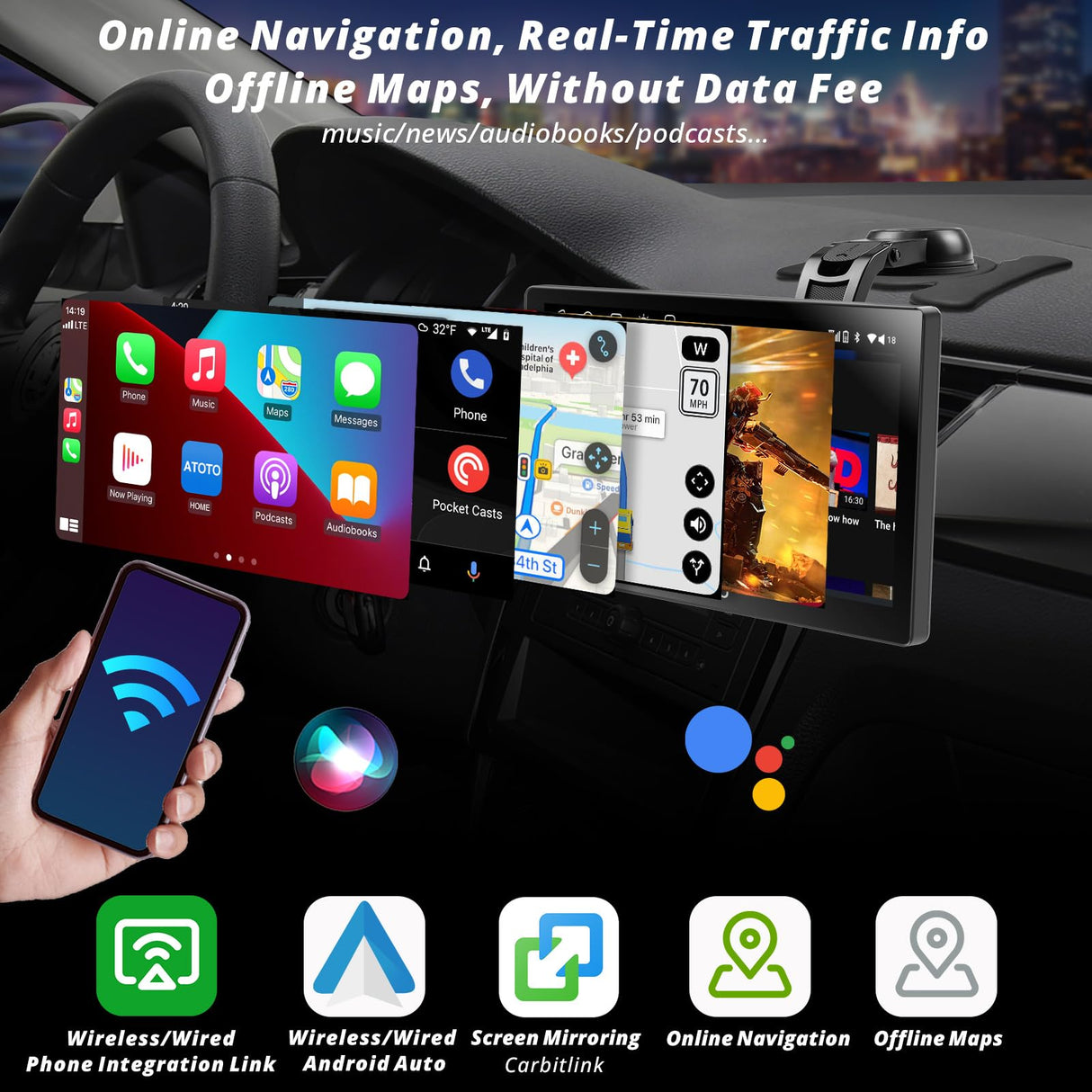 ATOTO P9 Autoradio De Voiture Android Portable 7 Pouces QLED, CarPlay & Android Auto sans Fil 2+32Go, Mirror Link, Suivi GPS, Double Bluetooth, WiFi, USB, Bluetooth, Port HDMI P907SD