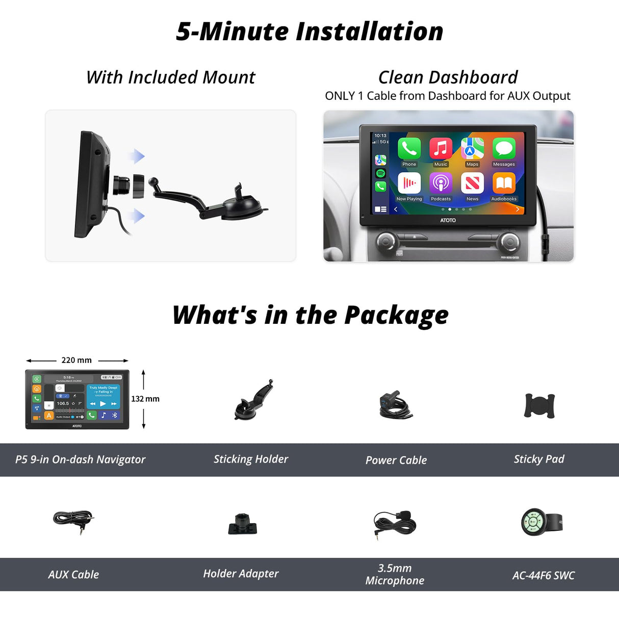 ATOTO P5 9 inch QLED Portable Car Stereo, Wireless CarPlay Android Auto Touch Screen Glare-Suppressing, Bluetooth, AUX/FM Output, MirrorLink, GPS Navi, Steering Wheel Control, P509SD-S01