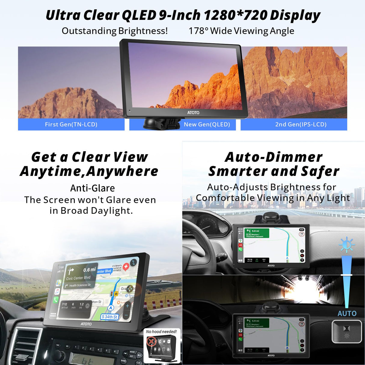 ATOTO P9 9" QLED Tragbarer Digital Media-Receiver, Android Autoradio 4G+32G, Wireless Carplay &amp; Android Auto, 4G-LTE, GPS-Verfolgung, 1080P Frontkamera und Rückfahrkamera, HDMI-Unterstützung,P909PR-S3