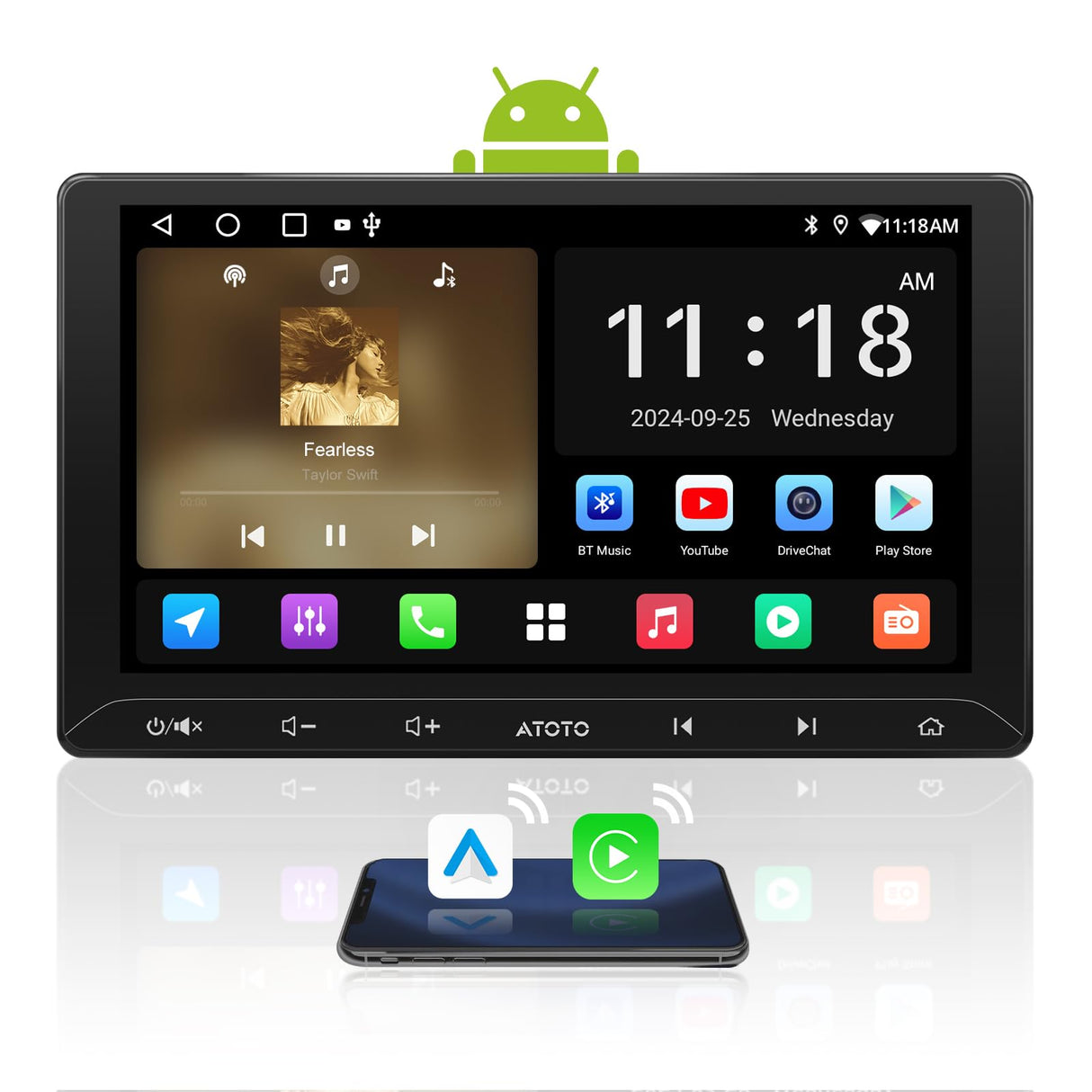 ATOTOZONE A5L 10.1" Android Radio Coche 2 DIN, Pantalla Táctil Cargadores de Medios Digitales, CarPlay/Android Inalámbrico, Conexión a Internet WiFi/BT, Bluetooth, MirrorLink,24-B EQ DSP, FM/AUX