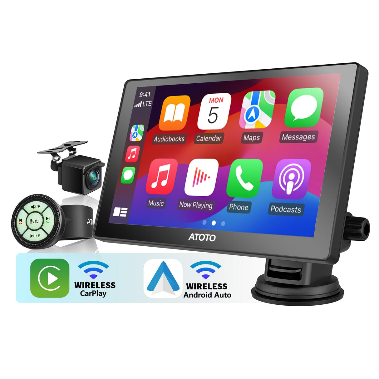 ATOTO Wireless Carplay Android Auto Display, 7-Zoll QLED Blendfreies Touch Display Autoradio mit 1080P Rückfahrkamera, Fernbedienung, Live-Navigation, WDR, Auto-Dimmer, P807SD-RC