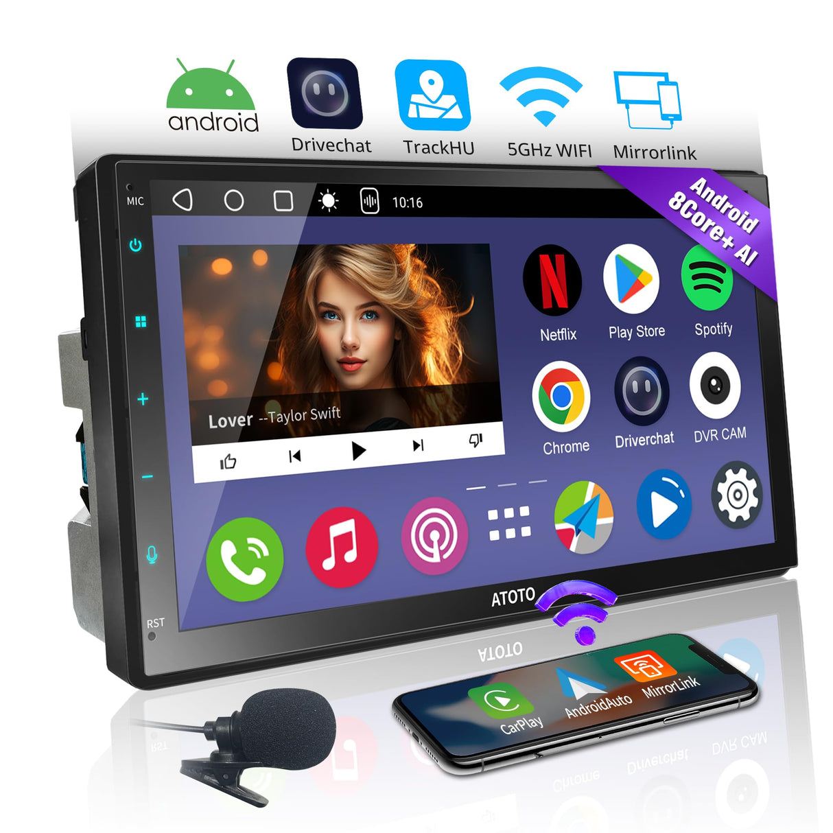 Autoradio 2 Din Android avec écran - ATOTOEXCEL 8Core entièrement stratifié écran tactile QLED Bluetooth avec micro, Android Auto Wireless & Carplay, Contrôle vocal, Navi GPS, A6C7PF (Android+Mic)