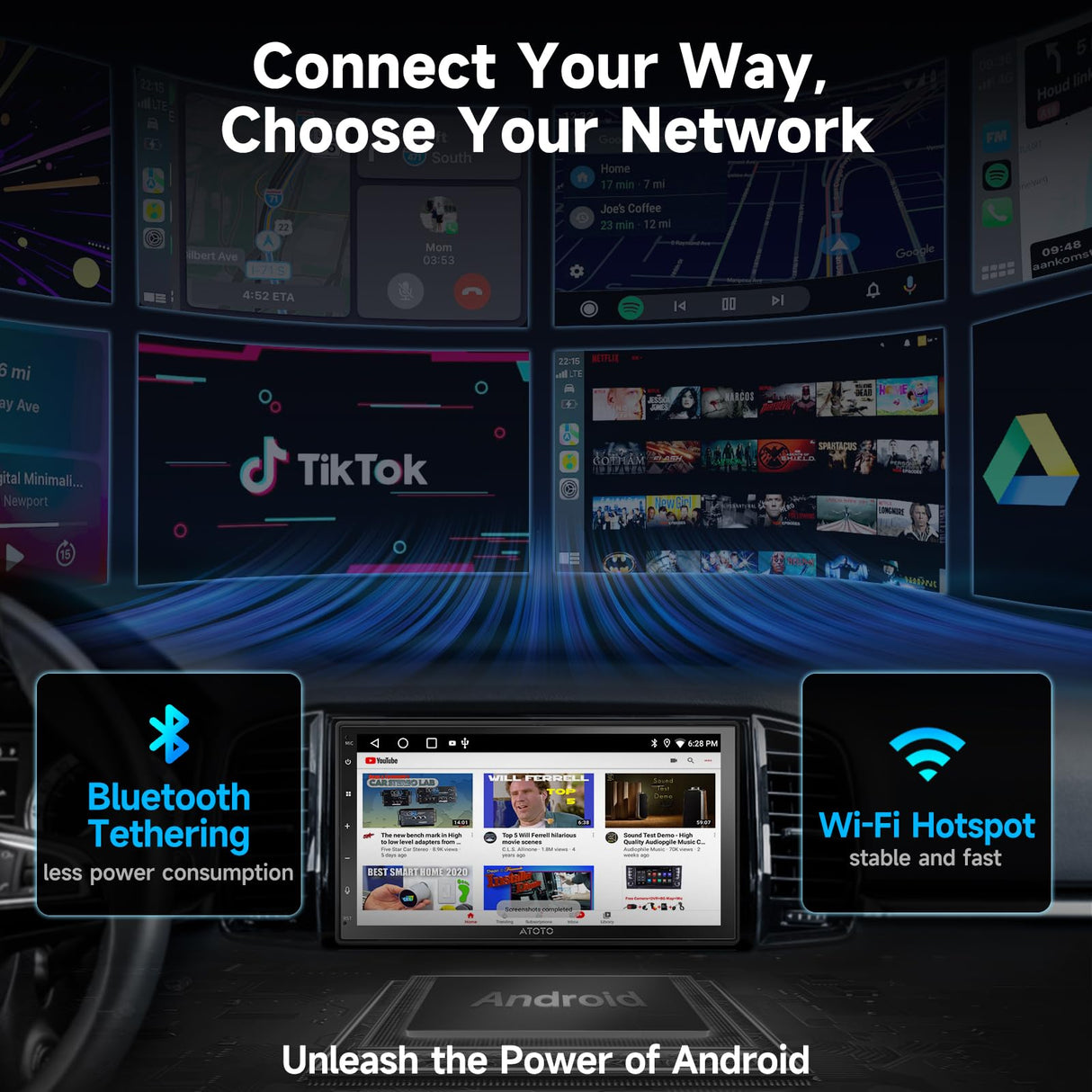 ATOTOZONE Double Din Autoradio, Draadloze Carplay en Android Auto met ondersteuning voor MirrorLink, Touchscreen autoradio-ontvangers met 2+32G, 48-bands EQ, Bluetooth, FM/AM (7")