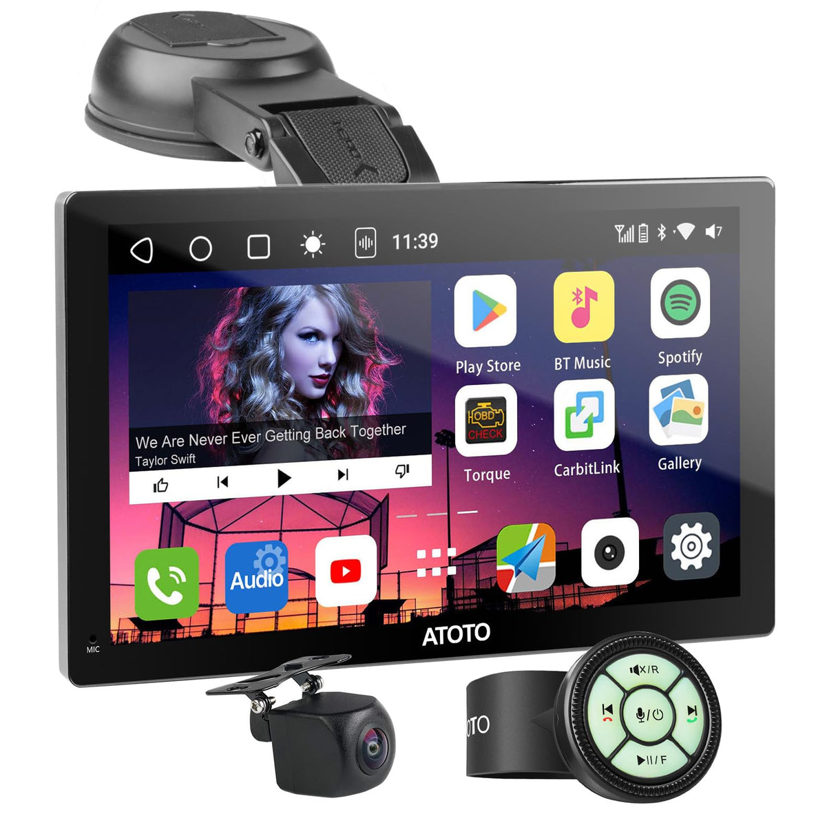 【RevcarX 】4+32G Portable Android Car Stereo with 1080P Reverse Camera, 7 Inch QLED Wireless CarPlay Android Auto Screen with 4G LTE GPS WiFi Dual BT, , Auto-Dimmer, SWC AUX USB, P907PR-S2