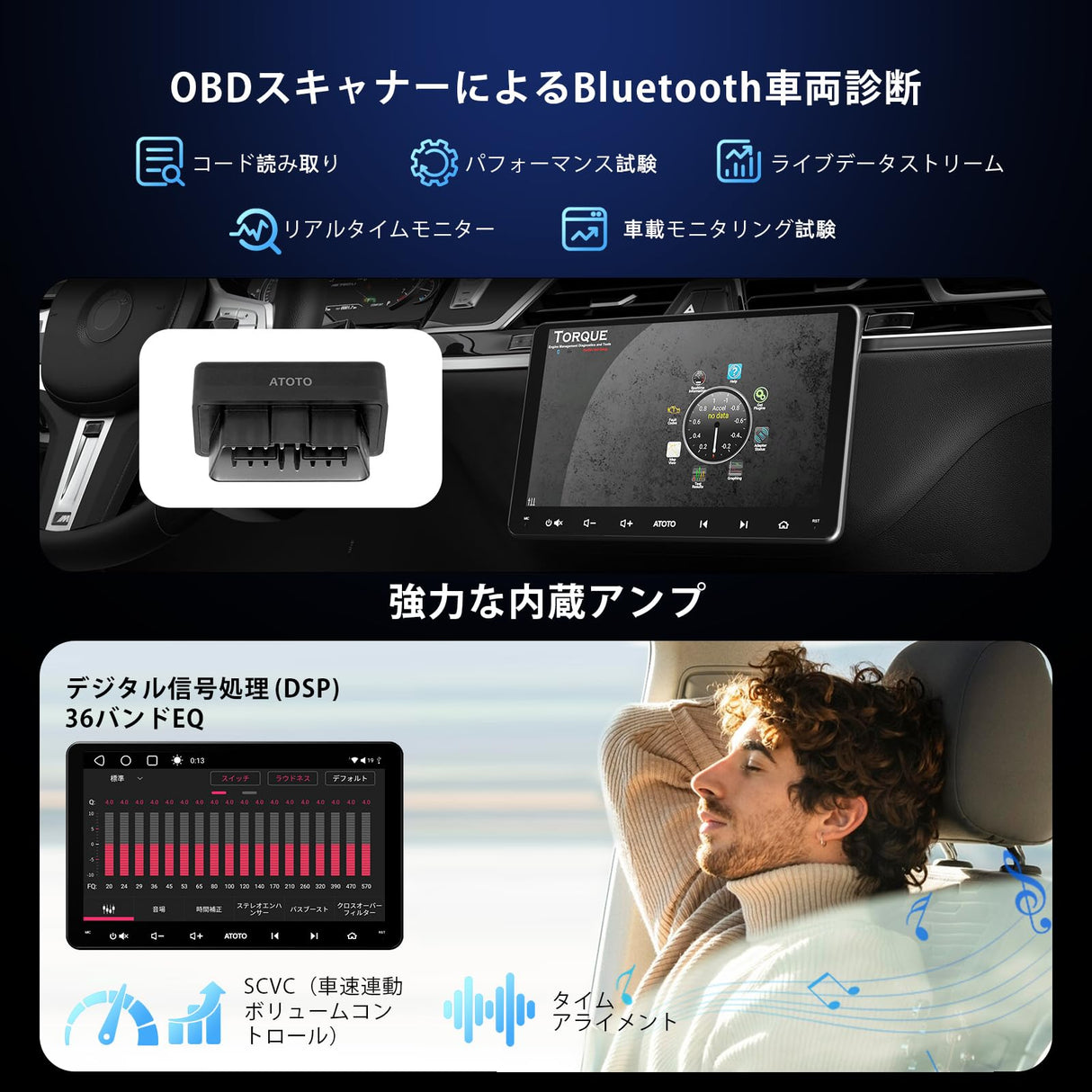 ATOTOEXCEL 9インチ Android ダブルDIN カーステレオ OBD対応, A6PF 8コア CPU 2G+32G, QLED HDタッチスクリーン カーオーディオ, DSP 36 EQ, ワイヤレス CarPlay & Android Auto, ミラーリンク, GPSナビ, WIFI/デュアルBluetoothオーディオ (9" A6PF+ OBD)