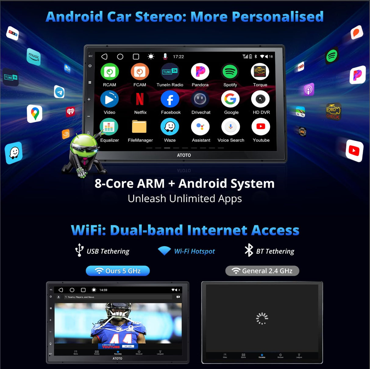 Double Din Car Stereo Android - 7in QLED Carplay Touch Screen for Car, Drivechat Based Chatgpt, Wireless Android Auto, ATOTOEXCEL A6PF, Mirrorlink, GPS navi Radio, LRV, WiFi/BT/USB (Android 7inch)