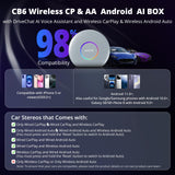 CB6 Wireless CarPlay AI Box, Wired CarPlay to Wireless CarPlay/Android Auto Adapter with Dual Bluetooth, AI Voice Dongle with GPS Tracking, 8GB+128GB, Compatible Massive APP (Silver)