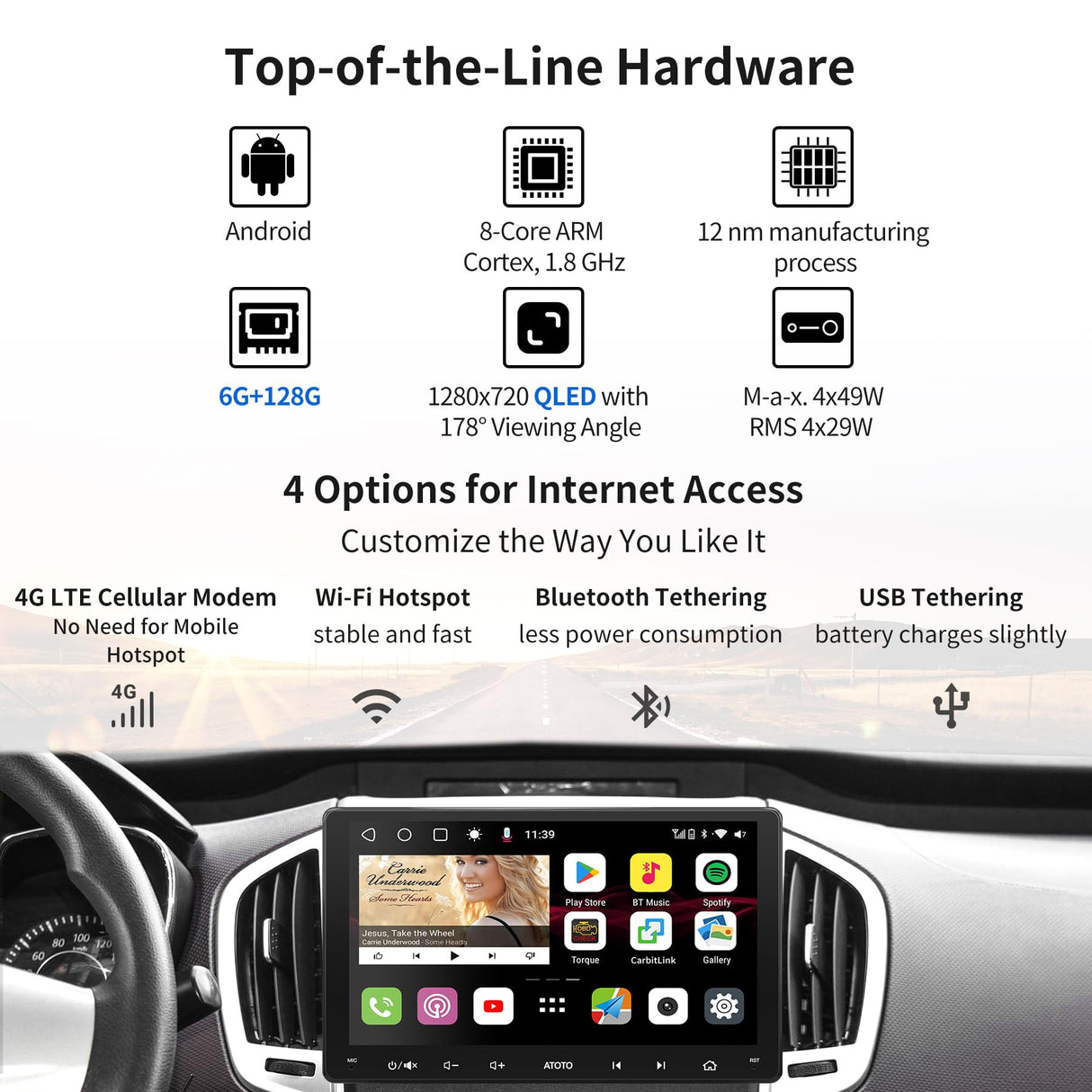 ATOTO S8 9" QLED Doppio DIN Android GPS per auto, CarPlay senza fili & Android Auto, 4G LTE integrato, 6G+128G, 2 Bluetooth con aptX HD, Assistente vocale AI, Tracciamento GPS, LRV, S8G2099UN