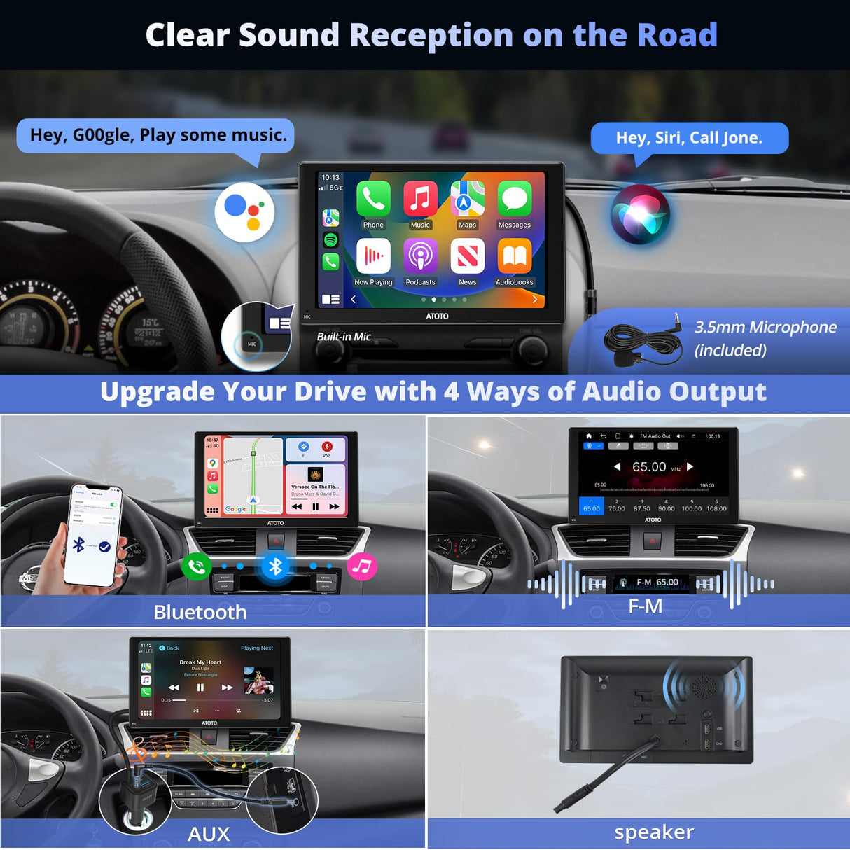 ATOTOEXCEL Portatile Carplay Screen Android Auto Per Auto con Telecamera Di Retromarcia 1080P e SWC, P5 Portatile Wireless Autoradio Navigazione Radio Carplay, 7Pollici QLED Antiriflesso, Mirrorlink