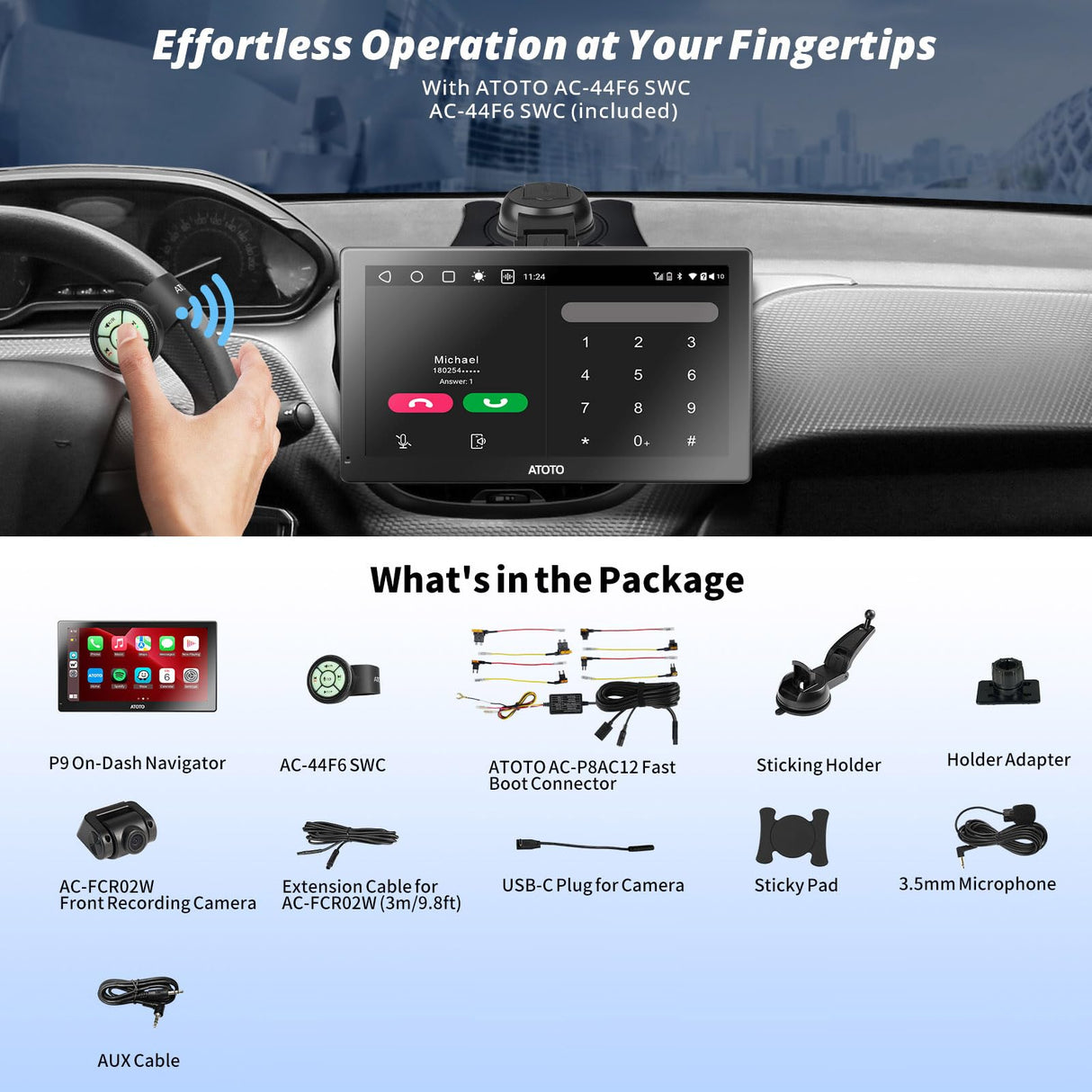 ATOTO P9 9" QLED Lettori DVD Android Autoradio Portatile, 4G+32G, CarPlay Senza Fili & Android Auto, 4G LTE, Tracciamento GPS, Bluetooth, Fotocamera frontale 1080P, HDMI Unterstützt, P909PR-S1