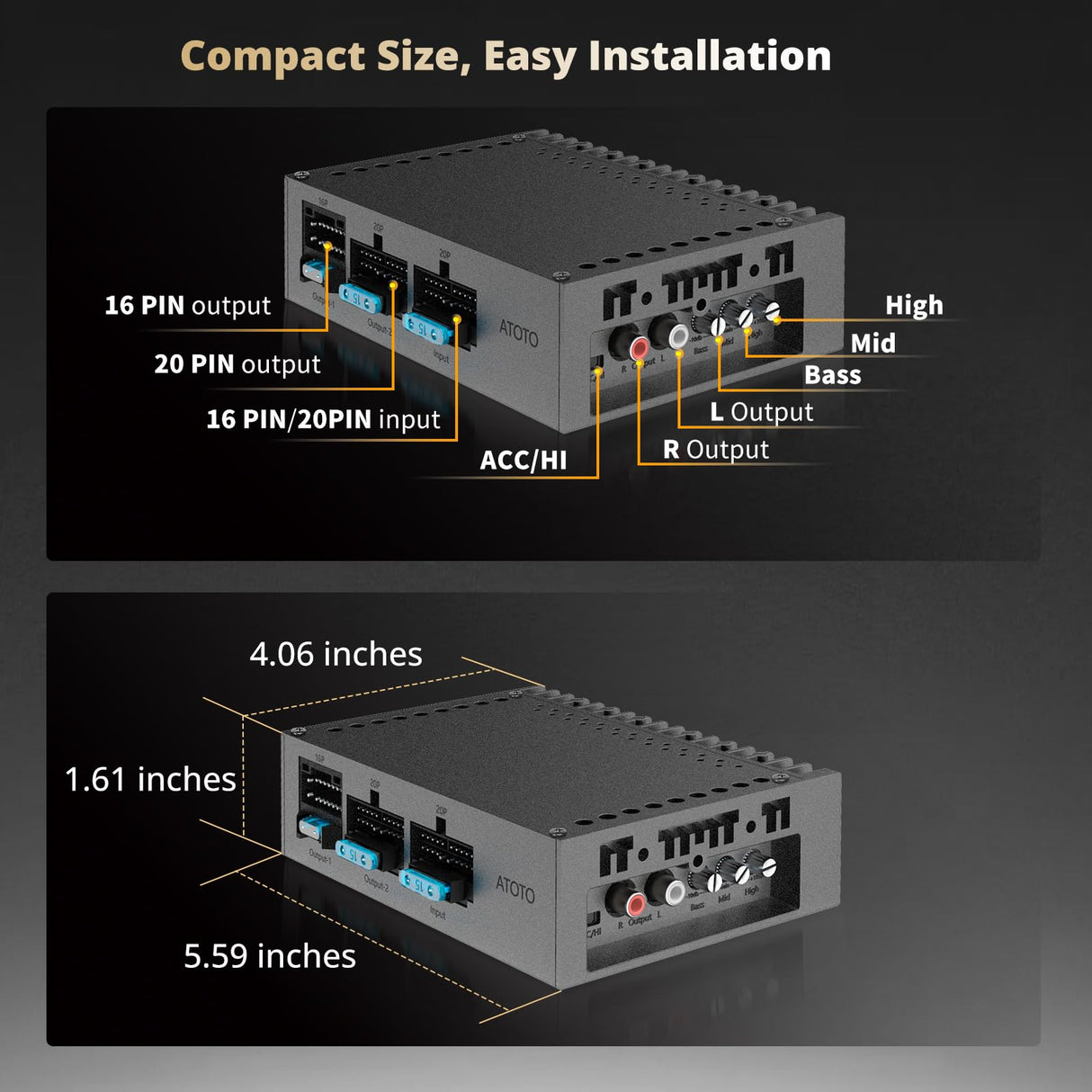 ATOTO CA-AEC122D Class D TI TPA3221 Car Amplifier,2 Channel,Supports 7V-30V Input,2/4 Ohm Stable,108dB SNR,Low Distortion,Only for Selected ATOTO Car Stereos