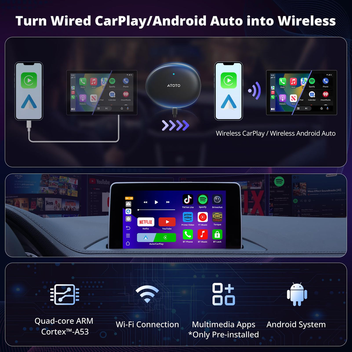 ATOTOZONE AD5 Wireless CarPlay/Wireless Android Auto AI Box, Plug & Play, Smart AI Dongle Power by ChatGPT, Wireless CarPlay Adapter with Dual WiFi, Support 256 GB TF Card