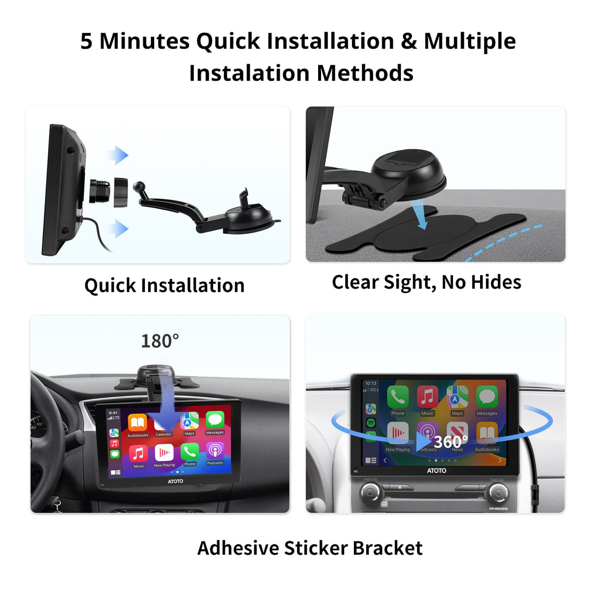 ATOTOEXCEL 9 Pouces Autoradio Portable avec caméra arrière 1080P et caméra Avant DVR, 1280x 720 QLED Carplay sans Fil et Android Auto sans Fil écran Écran Tactile, Mirror Link/Bluetooth/FM/AUX