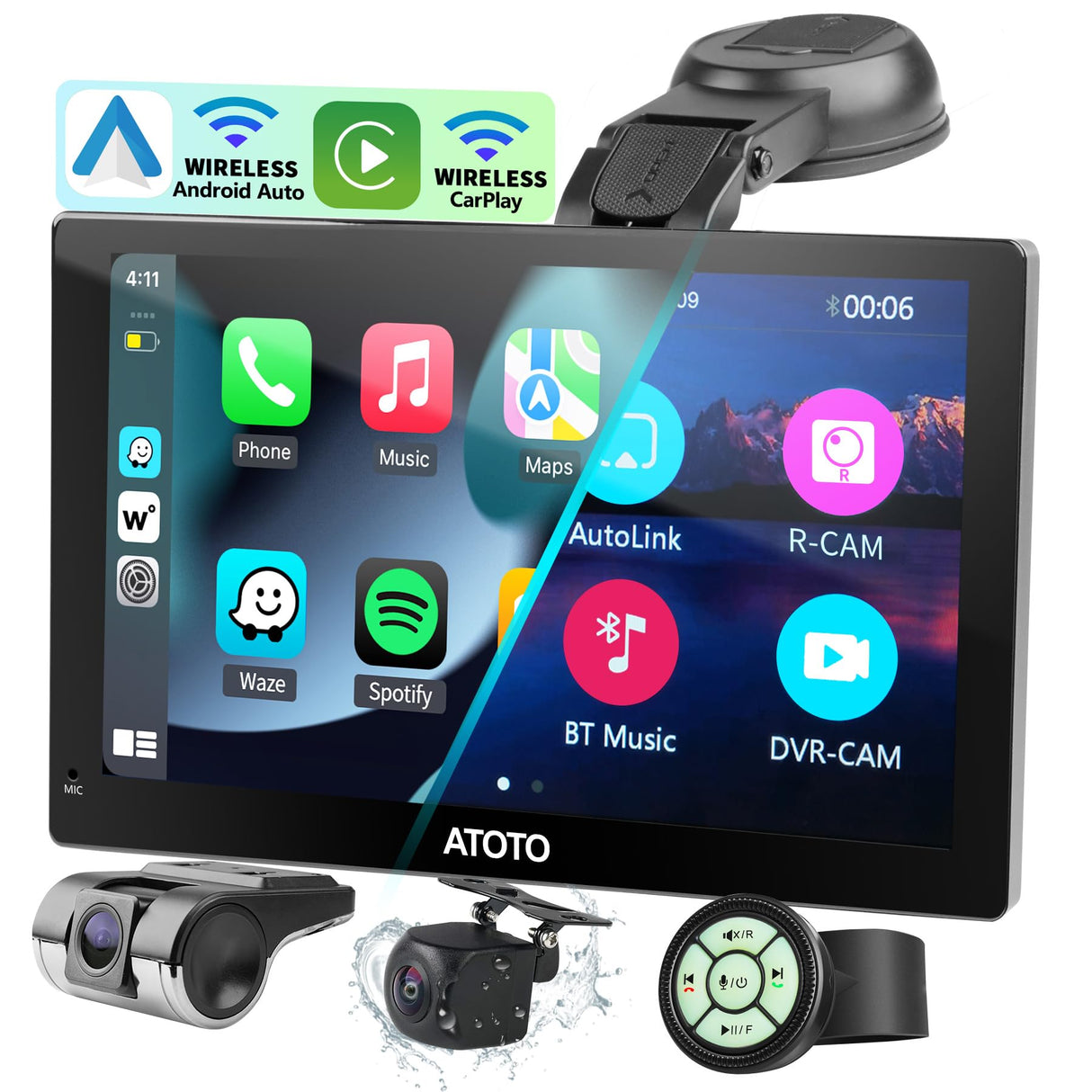 ATOTOEXCEL 9 Pouces Autoradio Portable avec caméra arrière 1080P et caméra Avant DVR, 1280x 720 QLED Carplay sans Fil et Android Auto sans Fil écran Écran Tactile, Mirror Link/Bluetooth/FM/AUX