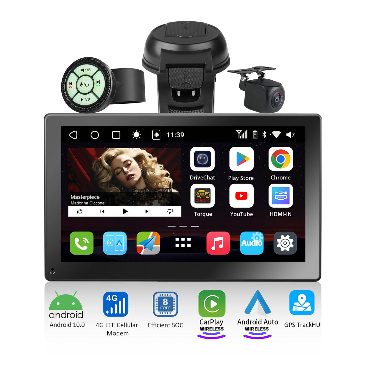 RevcarX 7 Zoll Tragbares Autoradio mit 4G LTE, Wireless Carplay,Kabelloses Android Auto Display mit 1080P Rückfahrkamera, 4G+32G, HDMI Unterstützt, 4 Audioausgänge, SWC (P9-7)