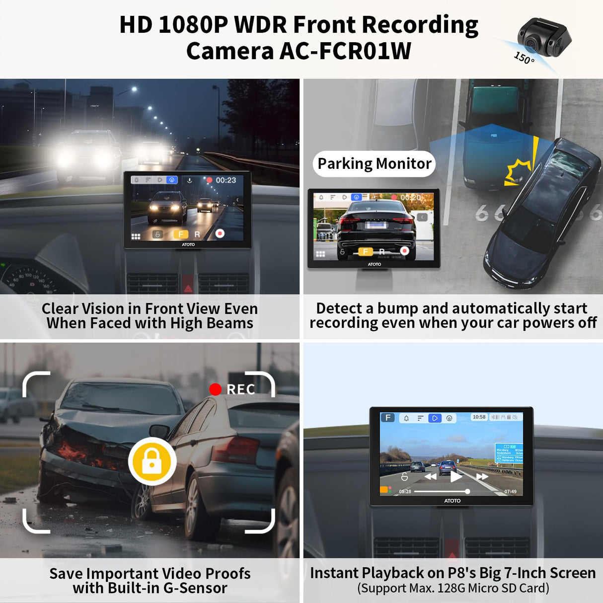 ATOTO P8 7 Pollici Schermo Tattile Portatile Autoradio, Carplay Senza fili e Android Auto, con HD 1080P Dash Cam Anteriore, WDR e Dimmer Automatico, Uscita FM/AUX, Controllo Remoto, P807SD-FC