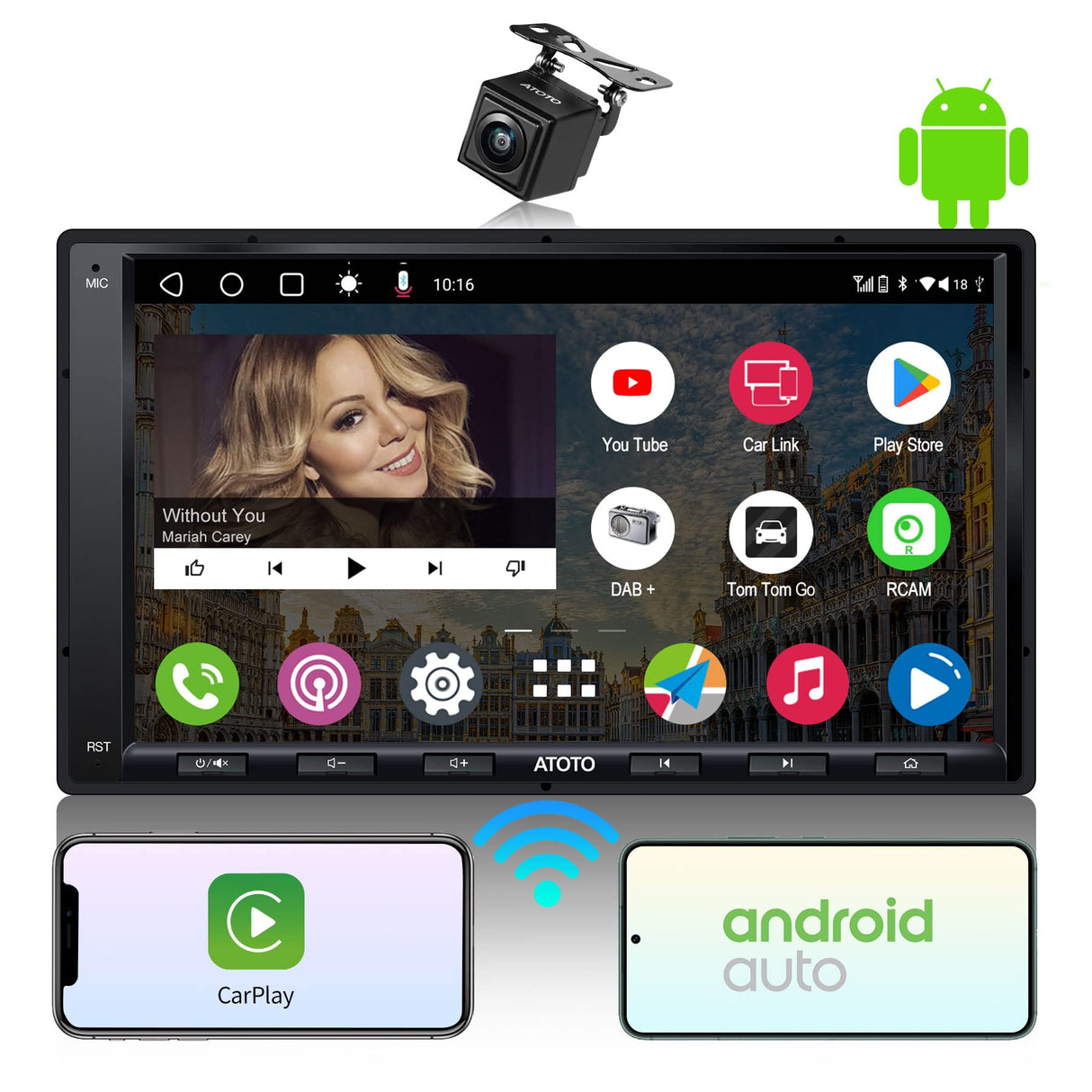 ATOTO A6PF 7 Pouces Android Autoradio Double DIN, CarPlay sans Fil & Android Auto CarPlay sans Fil, Dual BT, WiFi/BT/USB Tethering Internet, entrée HD LRV avec caméra de recul, 2G+32G, A6G2A7PF-S01