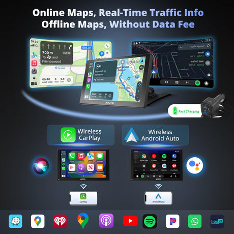 ATOTOEXCEL Tragbarer Carplay-Bildschirm für Android Auto mit 1080P- und SWC-Retromarcia-Telekamera, P5 Tragbares drahtloses Autoradio mit Carplay-Navigation, 7 Zoll QLED-Touchscreen, Mirrorlink