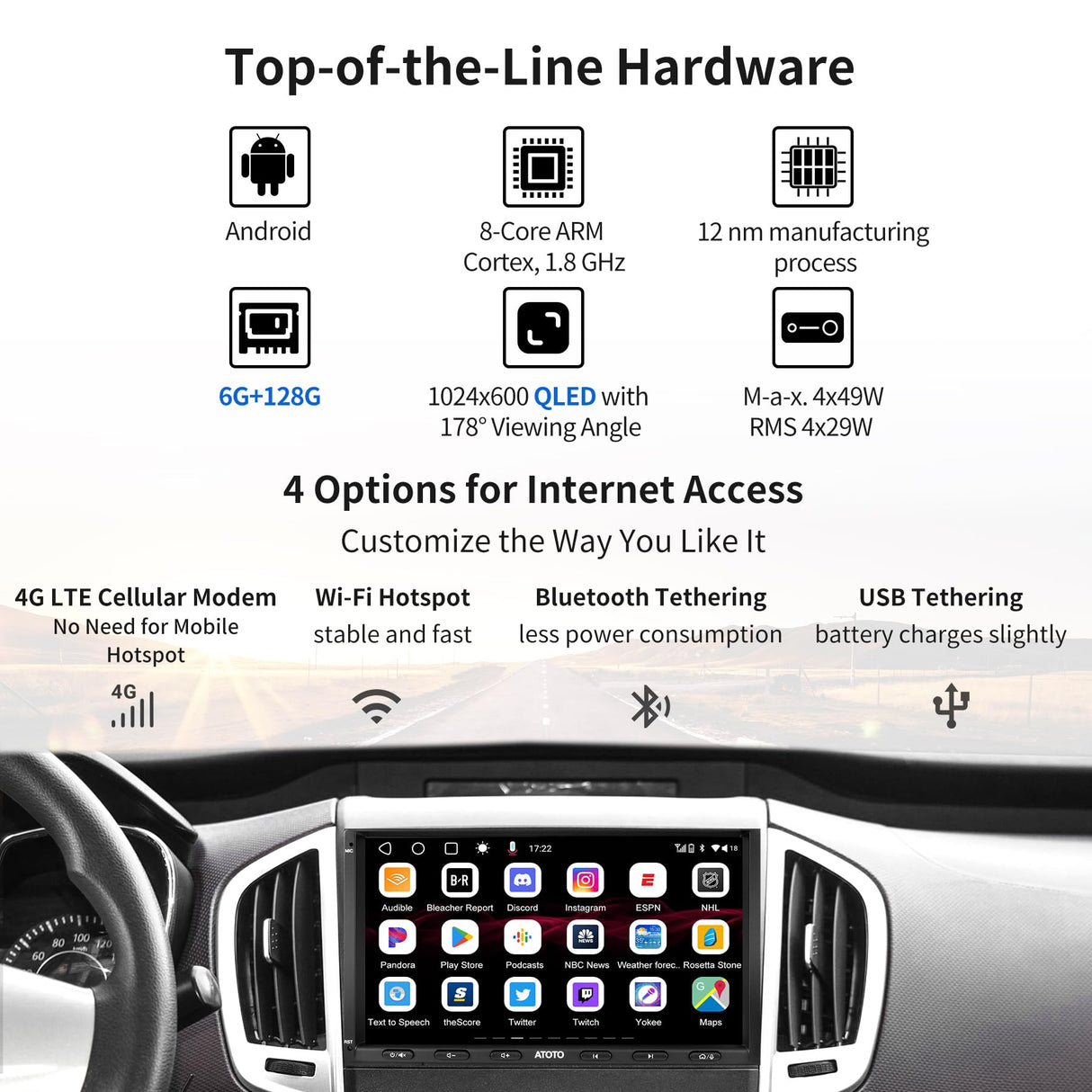 ATOTO S8 7" QLED Doppio DIN Android nel cruscotto Navigazione, CarPlay senza fili & Android Auto, Assistente vocale AI, Tracciamento GPS, VSV&LRV, 4G LTE integrato, 6G+128G, 2 Bluetooth, S8G2A79UN