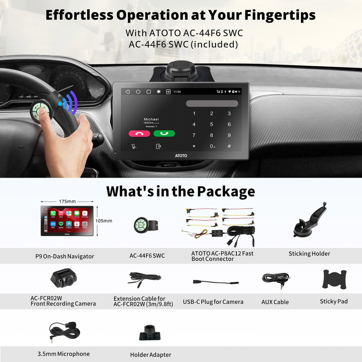 ATOTO P9 7" QLED Android Dash Navigation, Autoradio Portatile, Tracciamento GPS, Wireless CarPlay & Android Auto, 4G LTE, Ingresso HDMI, 4G+32G, Auto-Dimmer, Telecamera di Backup 1080P, P907PR-S1