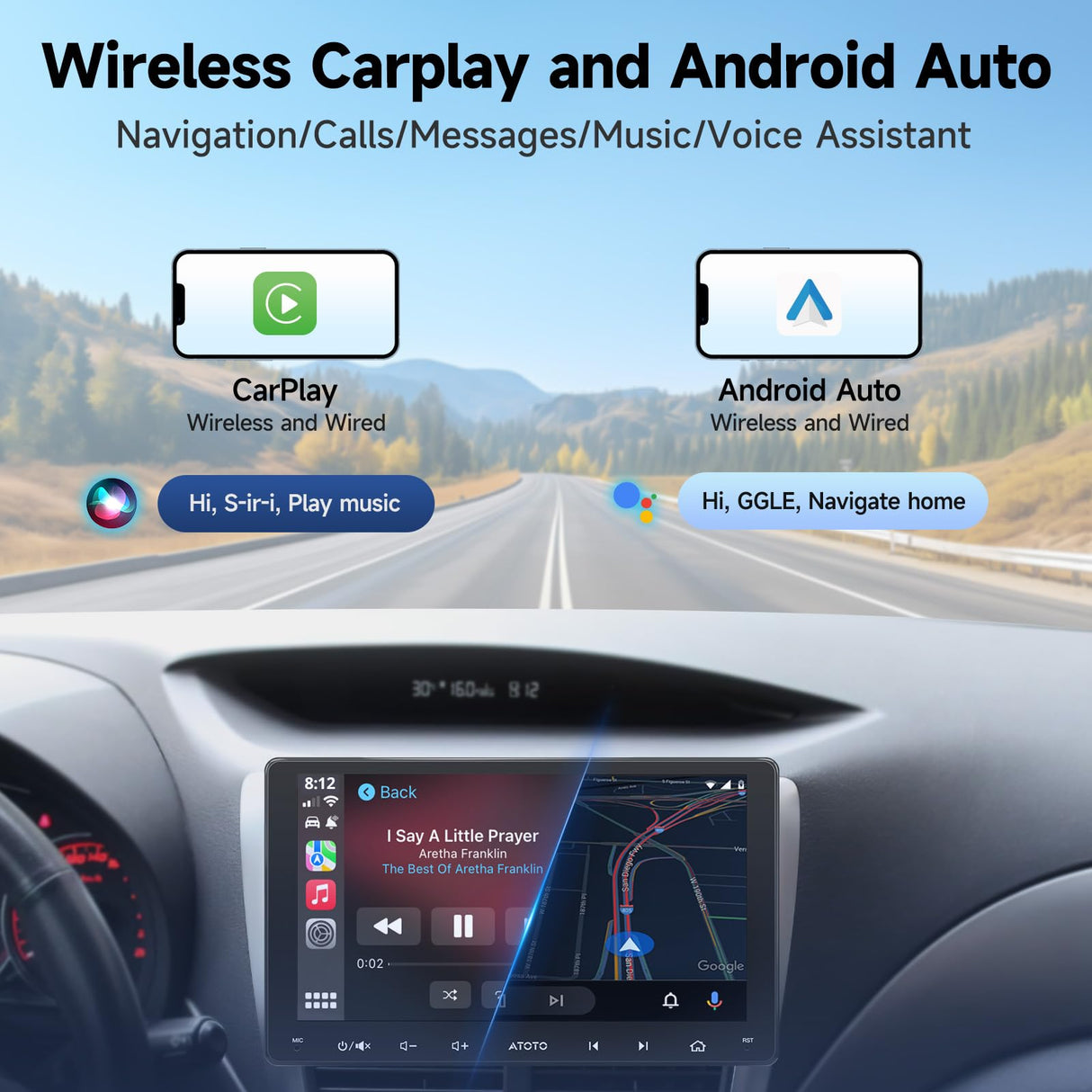 ATOTOZONE Double Din Autoradio, Draadloze Carplay en Android Auto met ondersteuning voor MirrorLink, Touchscreen autoradio-ontvangers met 2+32G, 48-bands EQ, Bluetooth, FM/AM (9")