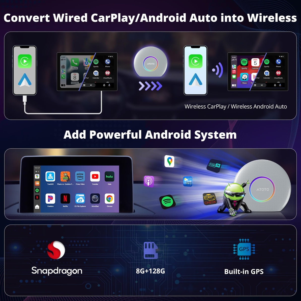 CB6 Wireless CarPlay AI Box, Wired CarPlay to Wireless CarPlay/Android Auto Adapter with Dual Bluetooth, AI Voice Dongle with GPS Tracking, 8GB+128GB, Compatible Massive APP (Silver)