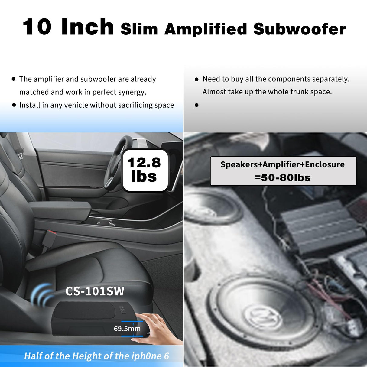 ATOTO CS-101SW 10" Ultra Slim Active Car Subwoofer, Under-Seat Powered Subwoofer Car Audio 400 Watts with Built-in Amplifier, Low & High Level Inputs, Remote Subwoofer Control