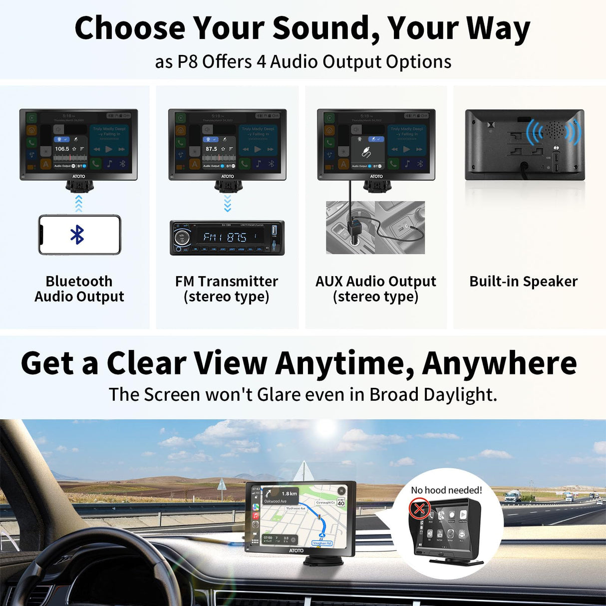 Wireless Carplay Screen for Car, ATOTO P8 Portable Android Auto Car Stereo, 7 inch QLED Glare-Suppressing Touchscreen, WDR&Auto Dimmer, Remote Control, GPS Navigation, AUX/FM Output