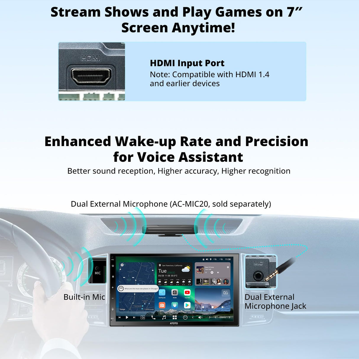 ATOTOZONE X10DG2B7E 7" QLED DAB Autoradio Android 2 Din, 8+128G, Carplay sans fil & Android Auto, 4G LTE, Assistant vocal IA, Suivi GPS, Microphone double & Bluetooth & Entrée caméra, LRV, Entrée HDMI