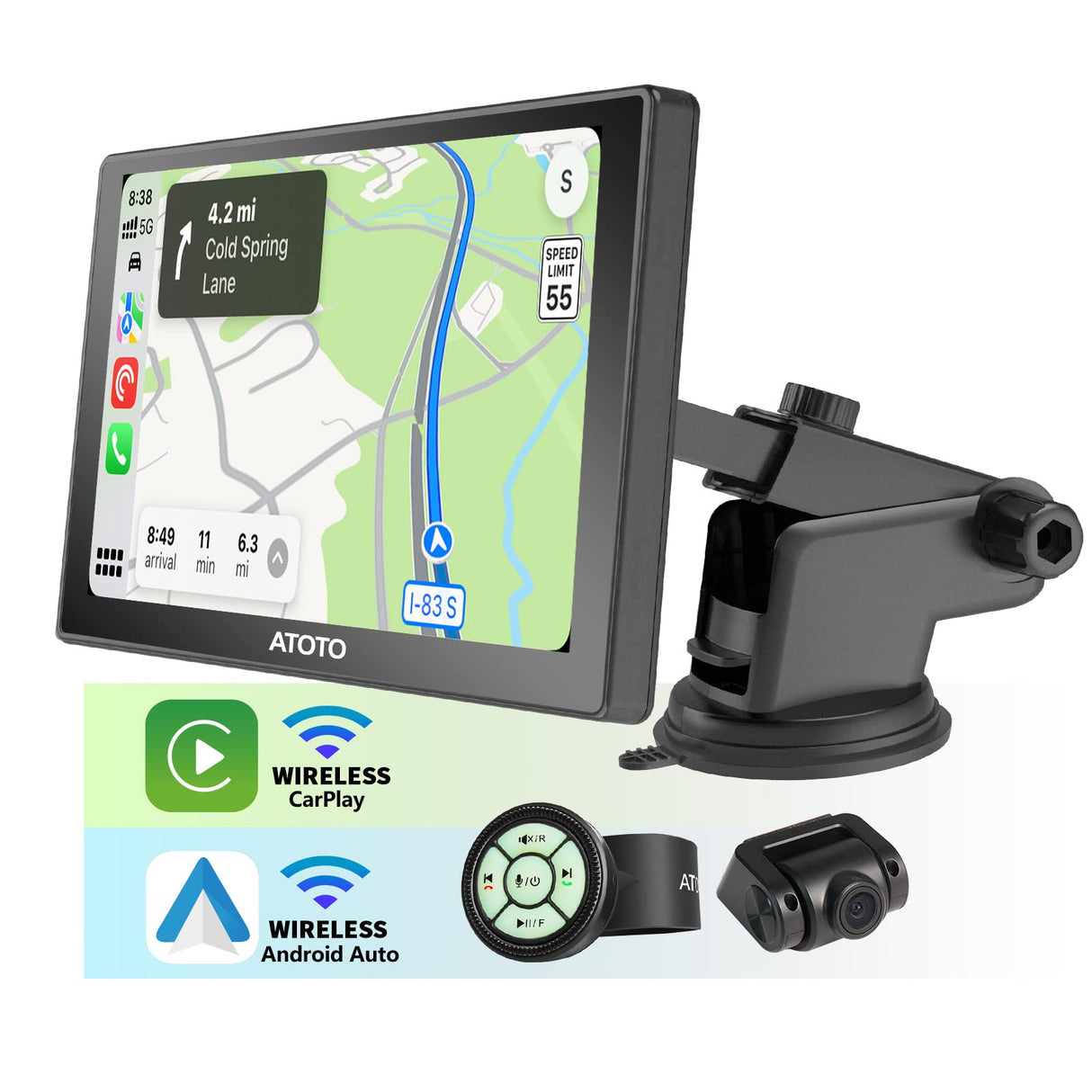 ATOTO P8 7 Pulgadas Pantalla Táctil Portátil Radio, Carplay inalámbrico y Android Auto inalámbrico, con HD 1080P Front Dash CAM, WDR y Auto Dimmer, Salida FM/AUX, Bluetooth, Control Remoto, P807SD-FC