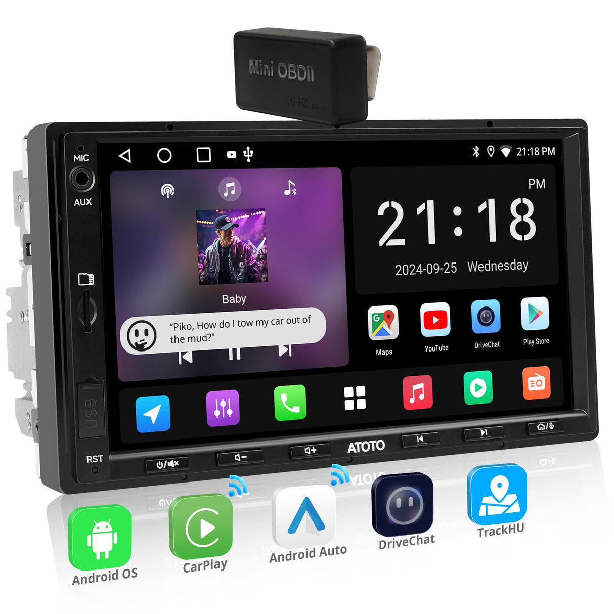 A5L Android Double DIN Car Stereo with OBD II, ATOTOEXCEL 7 inch 1280 x720 IPS Touchscreen Double DIN Radio, 2G+32G, Wireless Carplay Android Auto, 24-B EQ DSP, WiFi/BT Tethering, GPS Tracker