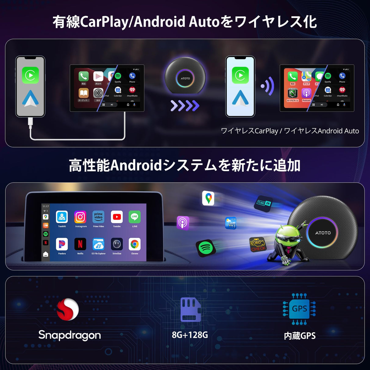 ATOTOZONE CB6 ワイヤレスCarPlay AIボックス、Bluetoothを搭載したストリーミングCarPlayから無線CarPlay/ワイヤレスAndroid Auto優先、GPSトラッキング機能を備えたインテリジェントAIボイスドングル、8GB+128GB、大量のアプリに対応、ブラック